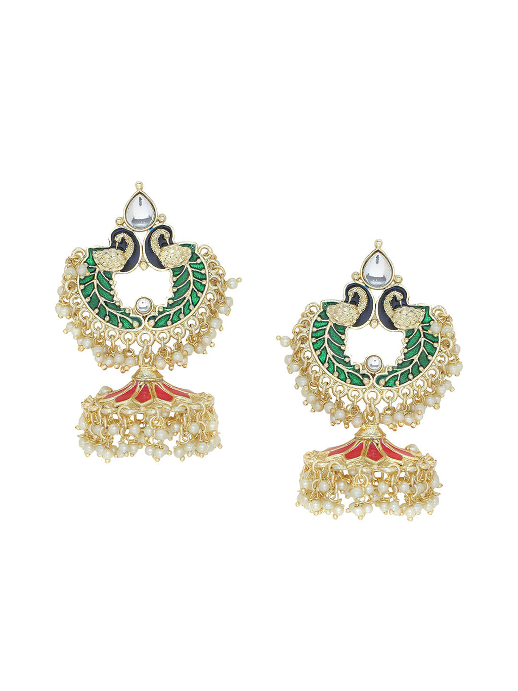Shoshaa Gold-Polished Green Enamelled Peacock Shaped Jhumkas | Grocsy