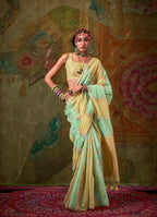 Monjolika Fashion Sea Green And Yellow Weaving Handloom Cotton Classic Saree | Grocsy