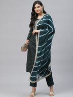 HERE&NOW Women Green Embroidered Straight Kurta with Trousers & With Dupatta | Grocsy