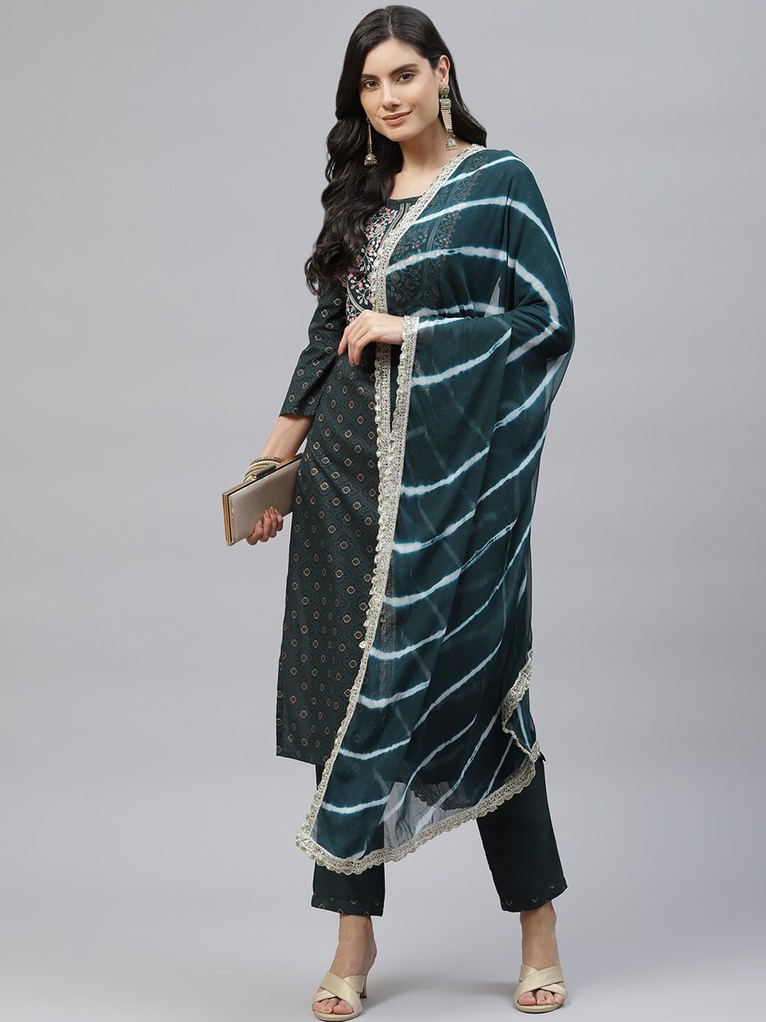 HERE&NOW Women Green Embroidered Straight Kurta with Trousers & With Dupatta | Grocsy