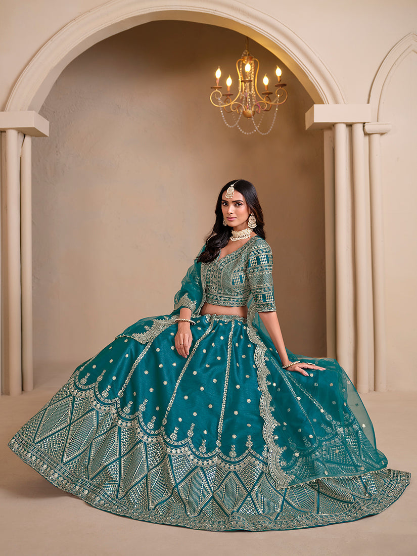 Monjolika Fashion Art Silk Embroidered Teal Lehenga Choli | Grocsy