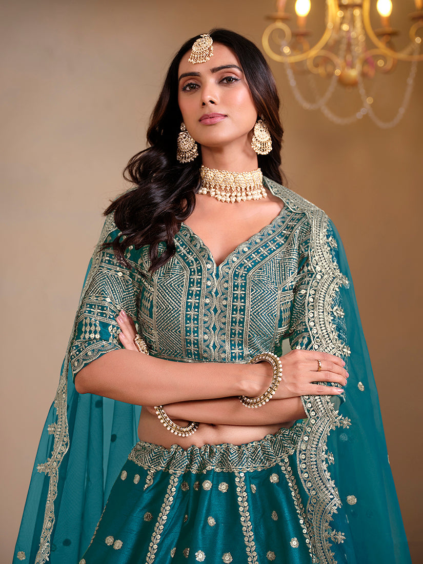 Monjolika Fashion Art Silk Embroidered Teal Lehenga Choli | Grocsy