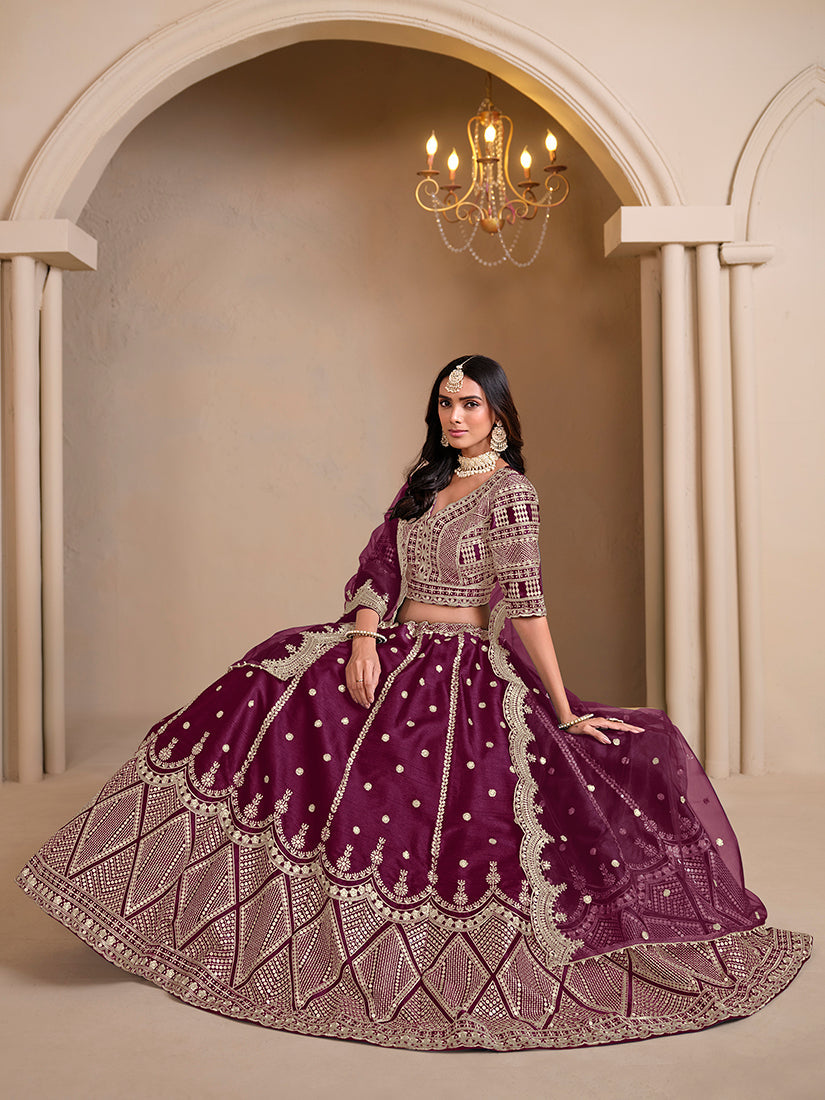 Monjolika Fashion Art Silk Embroidered Dark Purple Lehenga Choli | Grocsy