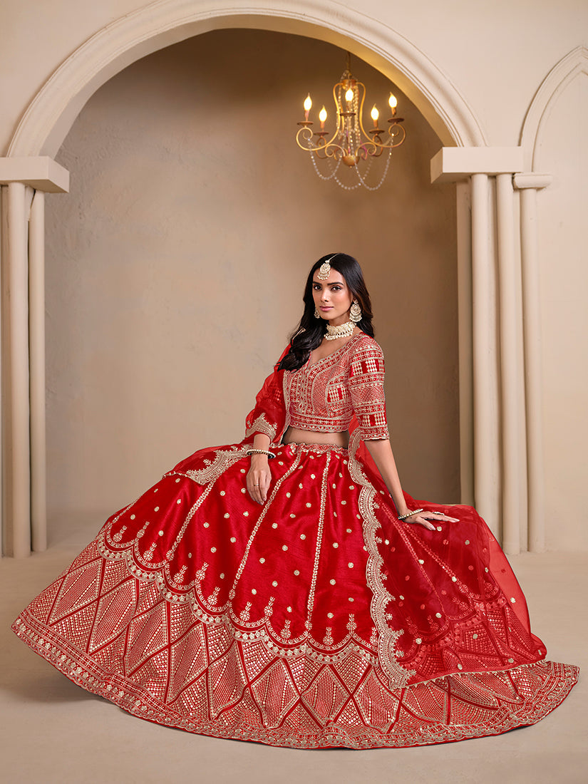 Monjolika Fashion Art Silk Embroidered Red Lehenga Choli | Grocsy