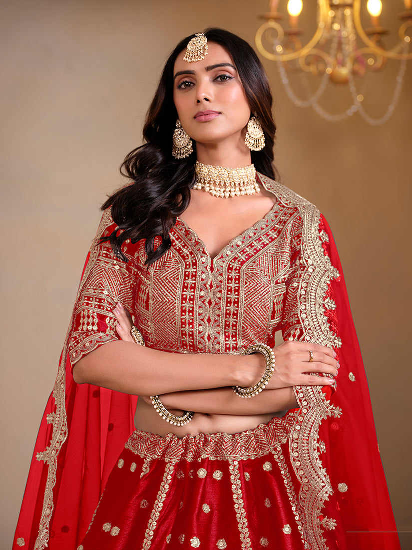 Monjolika Fashion Art Silk Embroidered Red Lehenga Choli | Grocsy