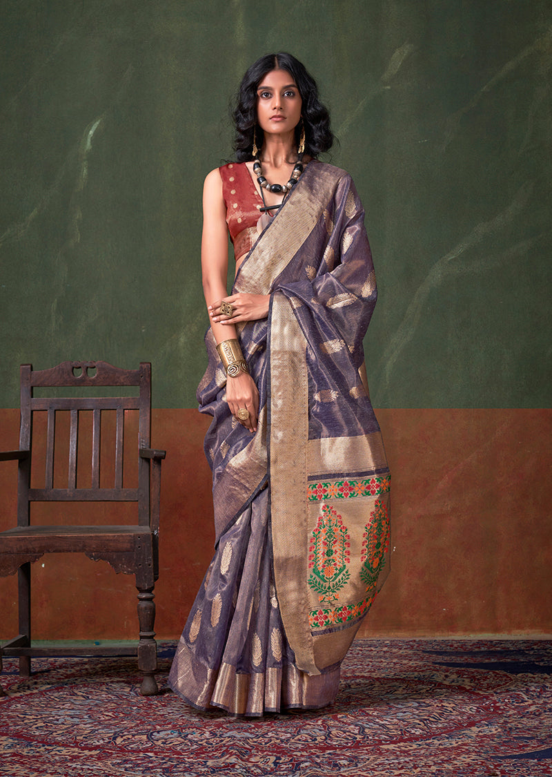 Monjolika Fashion Weaving Zari Tissue Silk Designer Saree In Violet | Grocsy