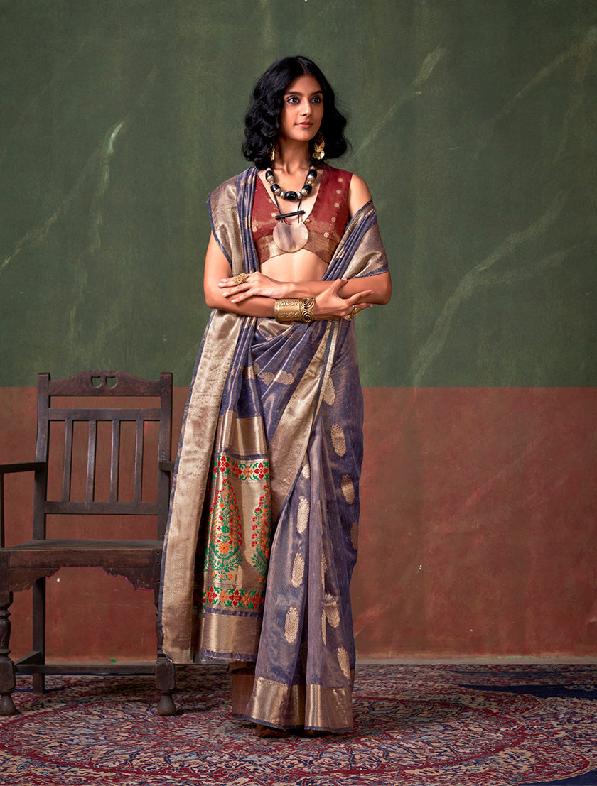 Monjolika Fashion Weaving Zari Tissue Silk Designer Saree In Violet | Grocsy