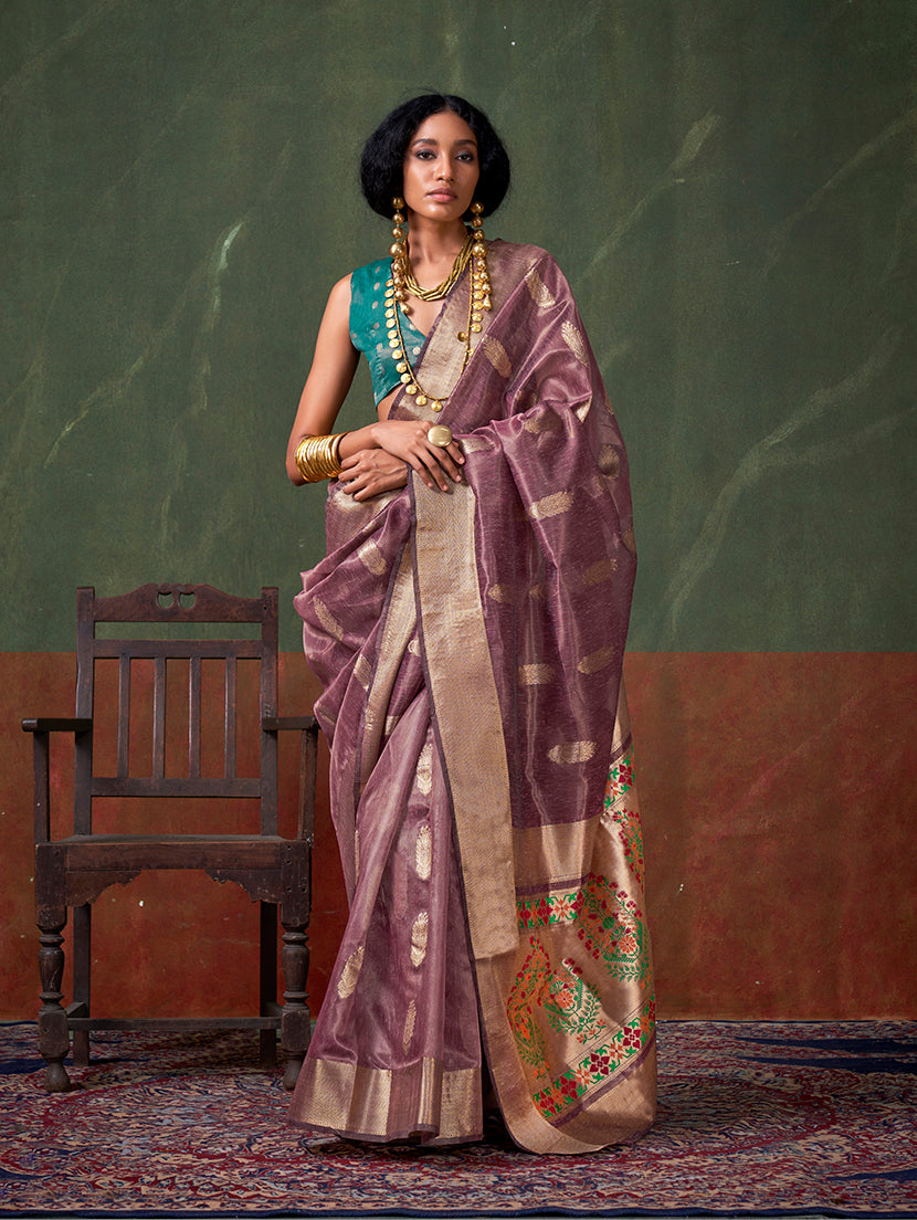 Monjolika Fashion Weaving Zari Tissue Silk Designer Saree In Mauve | Grocsy