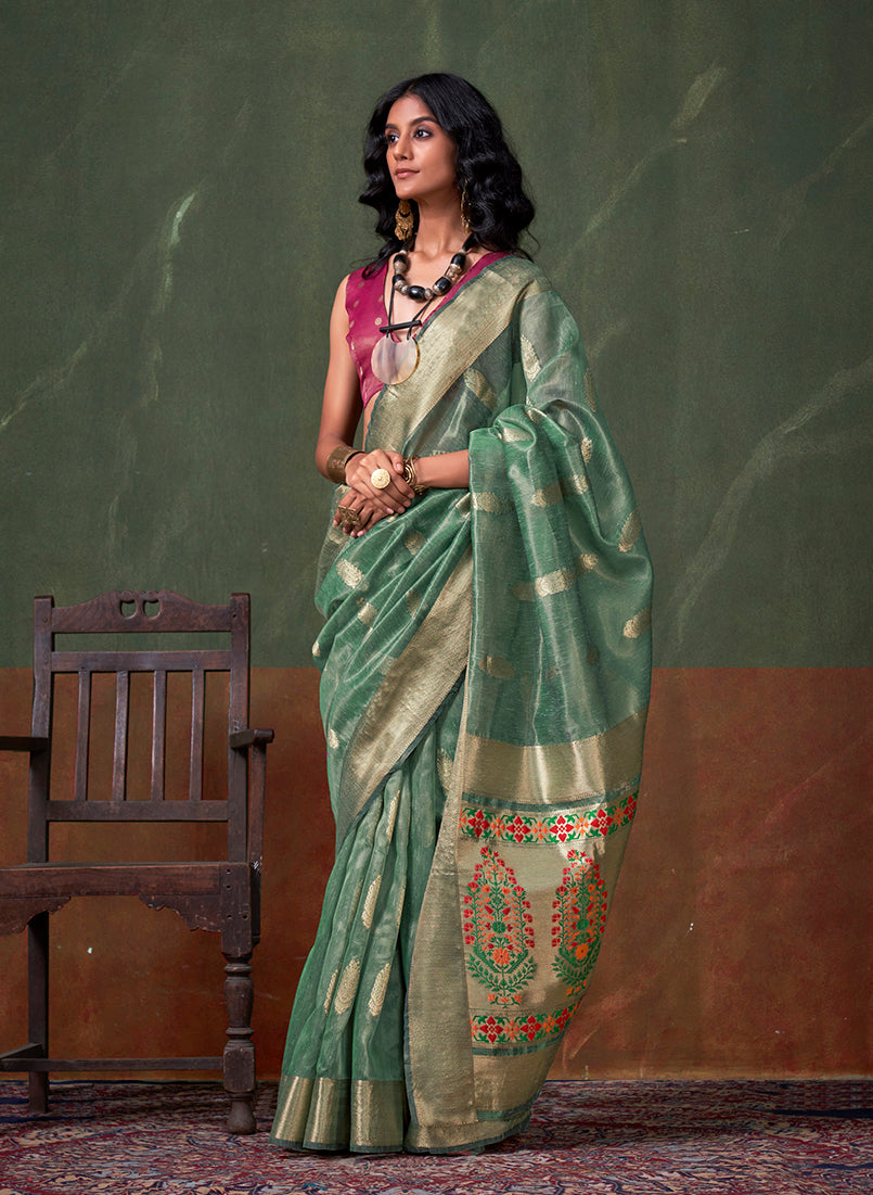 Monjolika Fashion Weaving Zari Tissue Silk Designer Saree In Sea Green | Grocsy