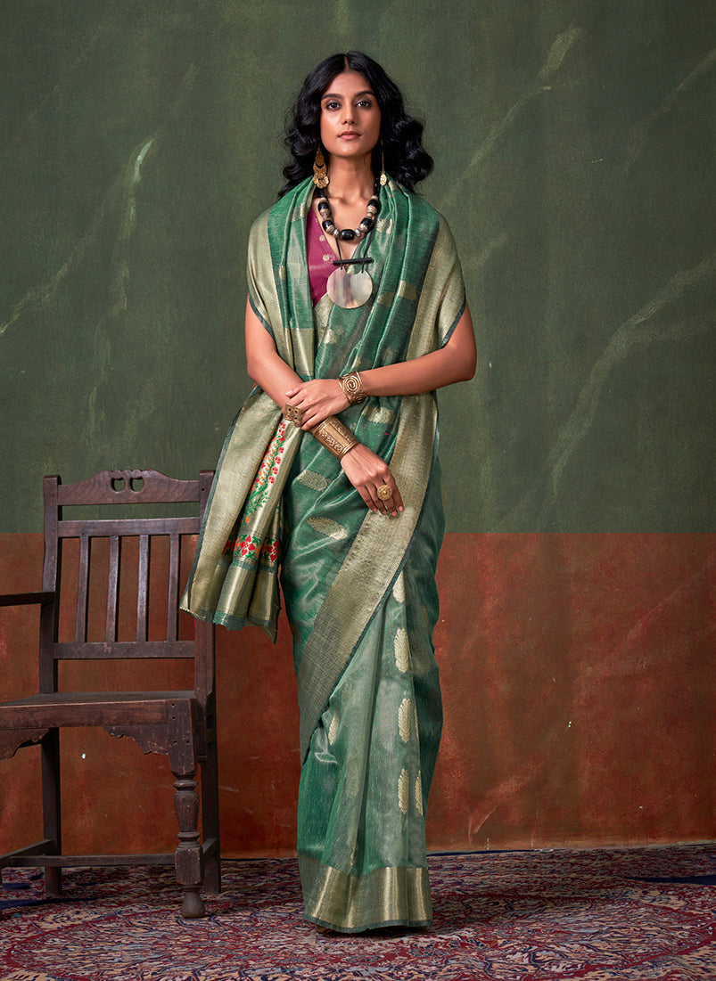 Monjolika Fashion Weaving Zari Tissue Silk Designer Saree In Sea Green | Grocsy