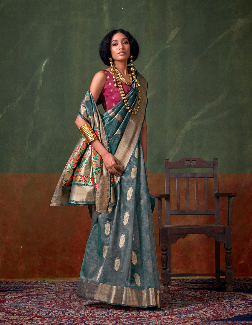 Monjolika Fashion Weaving Zari Tissue Silk Designer Saree In Blue | Grocsy