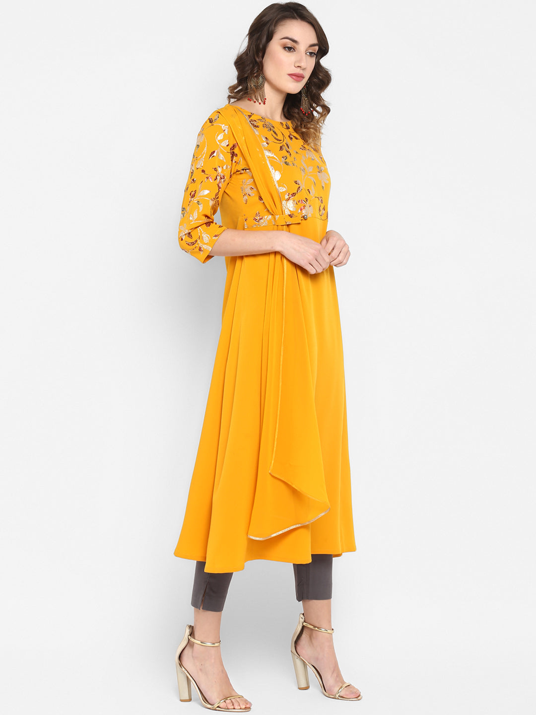 Janasya Women Mustard Yellow Printed A-Line Kurta | Grocsy