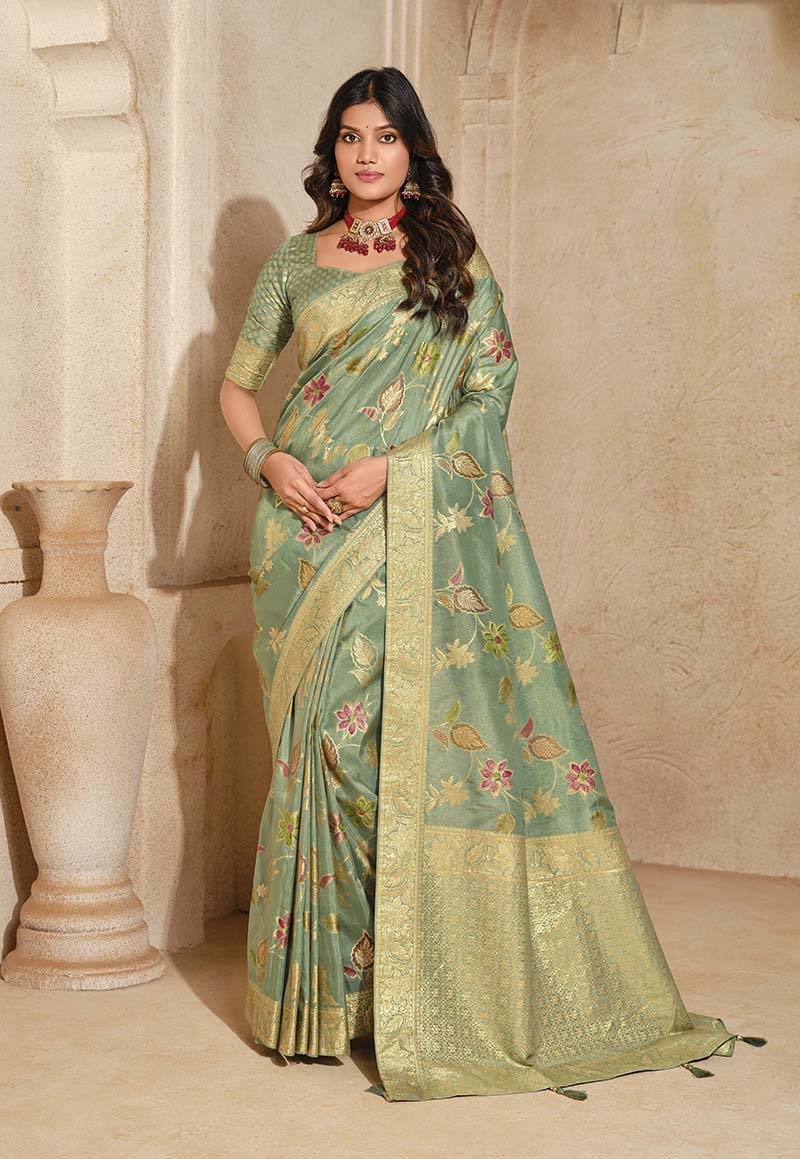 Monjolika Fashion Sea Green Color Weaving Silk Classic Saree | Grocsy