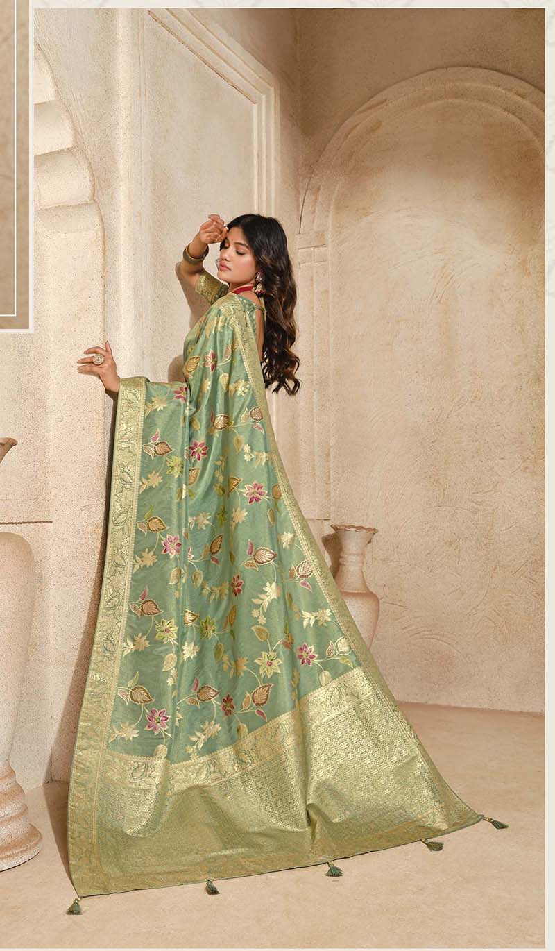 Monjolika Fashion Sea Green Color Weaving Silk Classic Saree | Grocsy