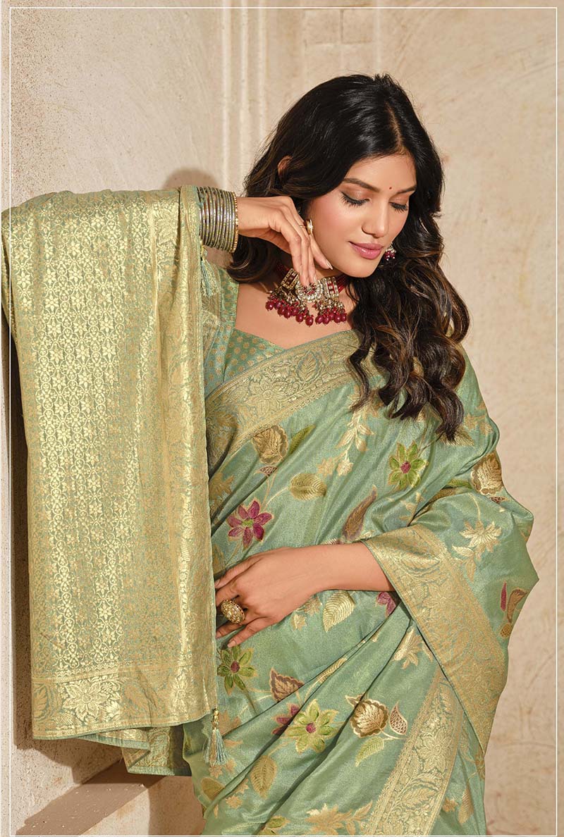 Monjolika Fashion Sea Green Color Weaving Silk Classic Saree | Grocsy