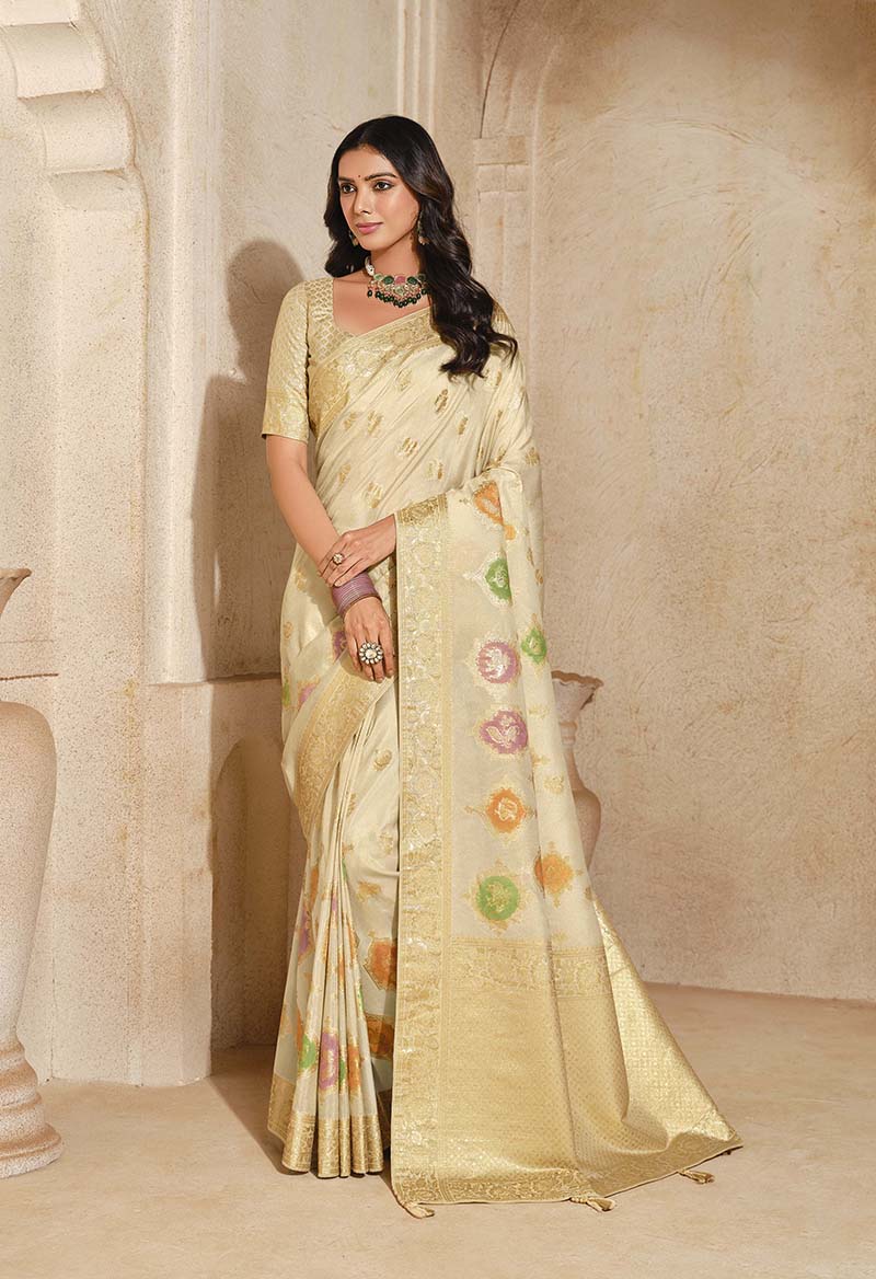 Monjolika Fashion Cream Color Weaving Silk Classic Saree | Grocsy