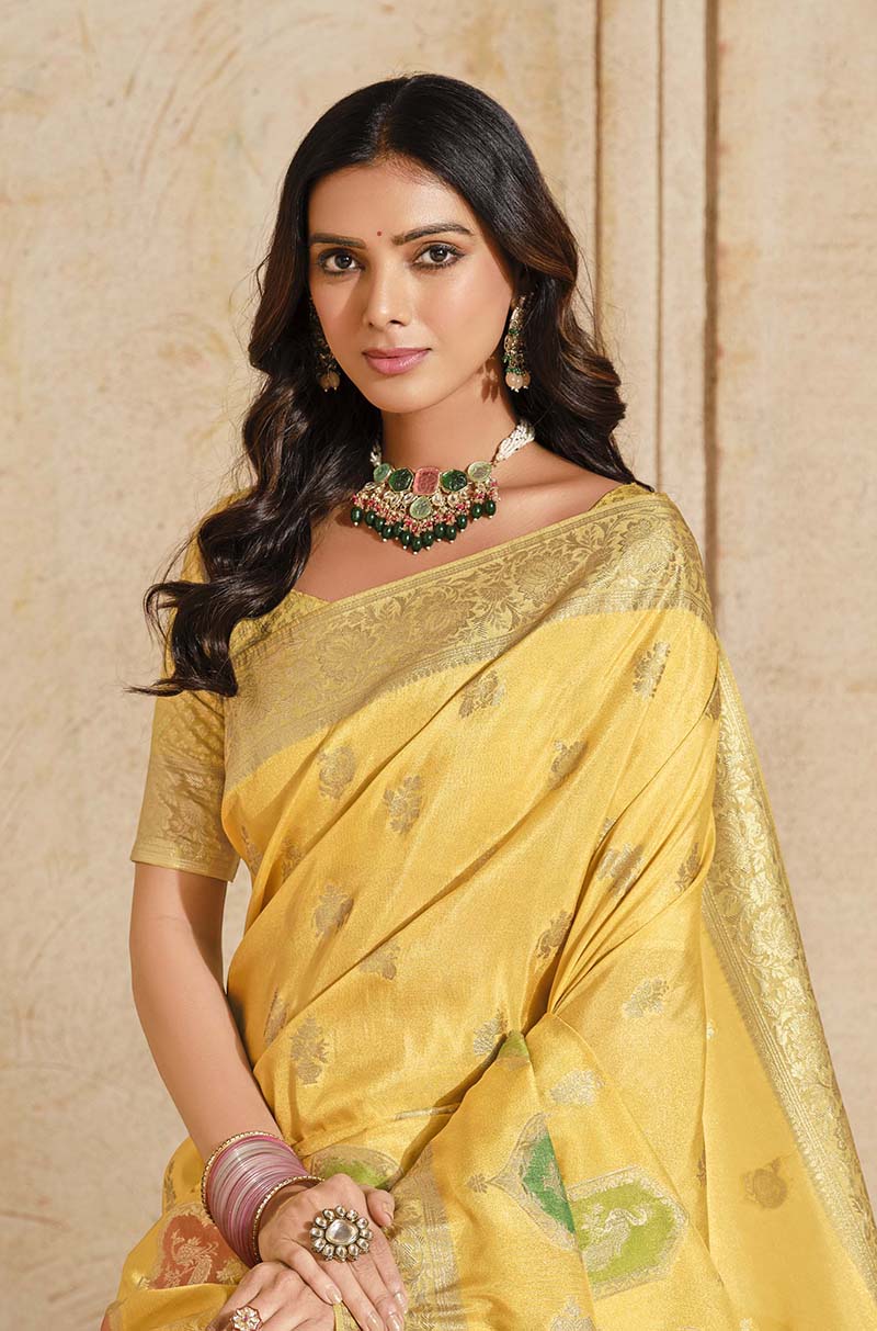 Monjolika Fashion Yellow Color Weaving Silk Classic Saree | Grocsy