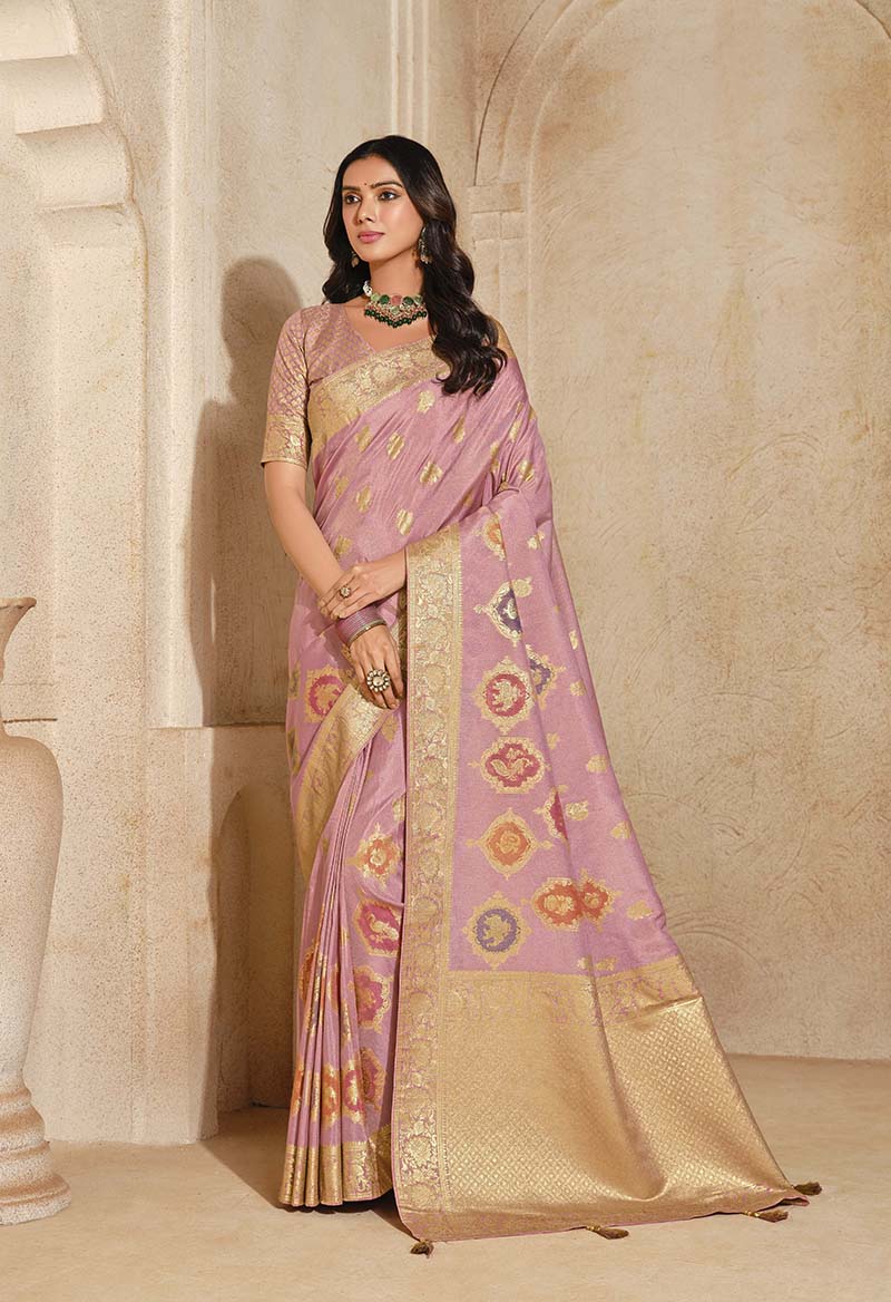 Monjolika Fashion Light Pink Color Weaving Silk Classic Saree | Grocsy