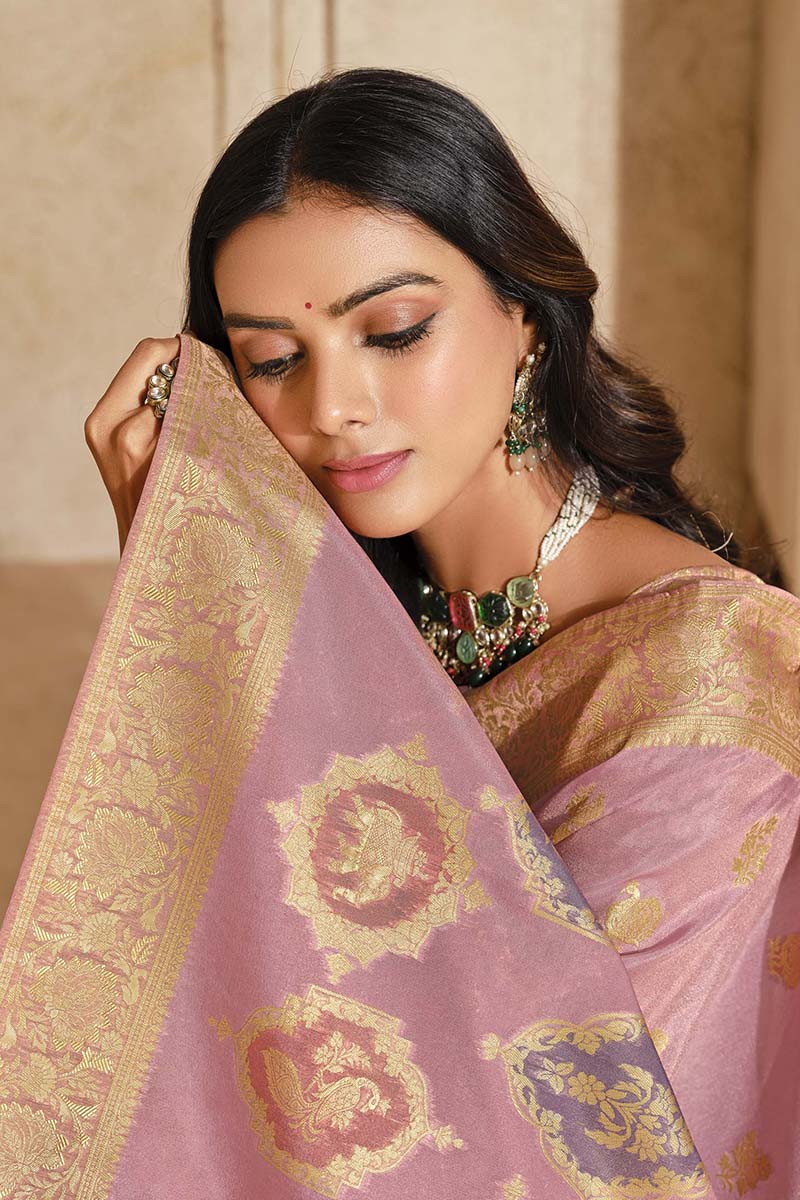 Monjolika Fashion Light Pink Color Weaving Silk Classic Saree | Grocsy
