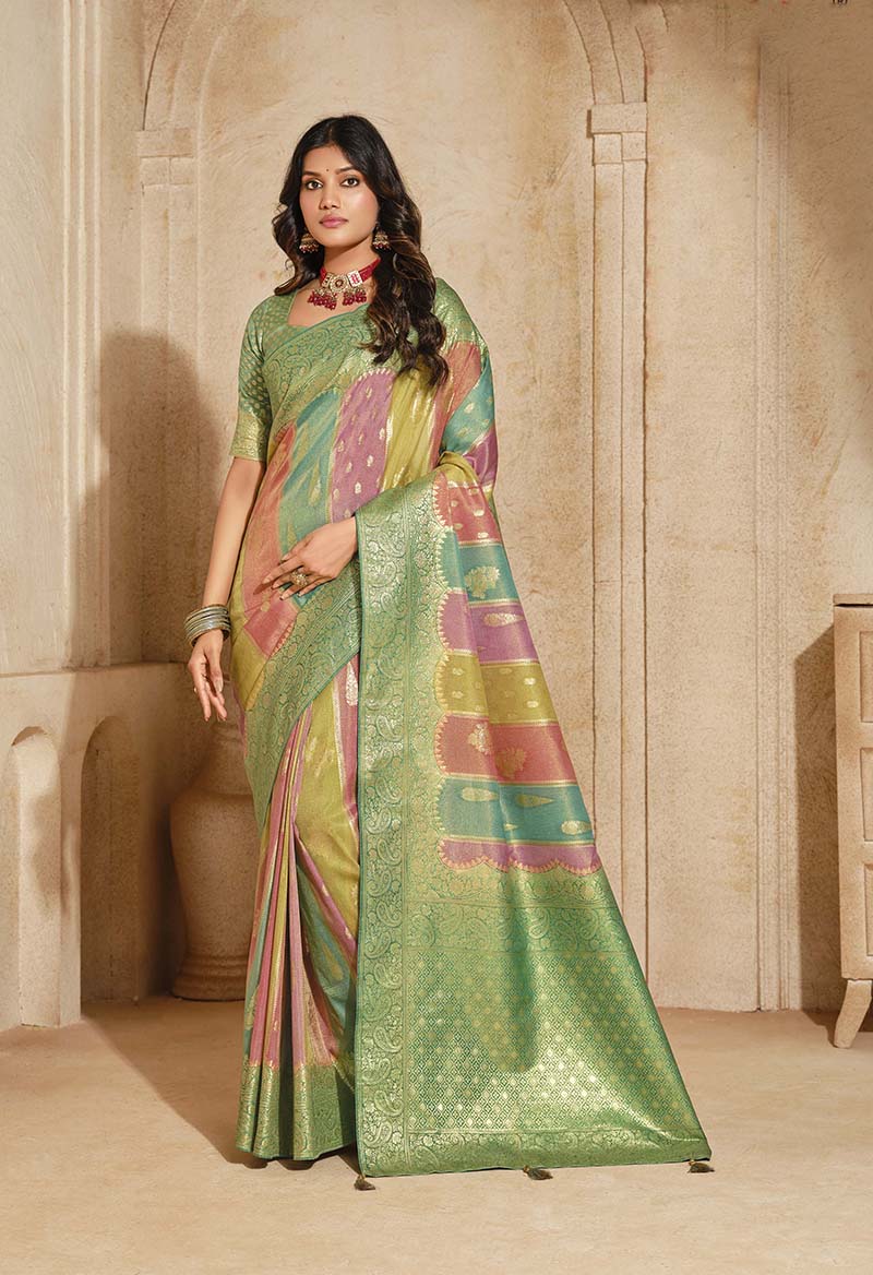 Monjolika Fashion Turquoise Color Weaving Silk Classic Saree | Grocsy