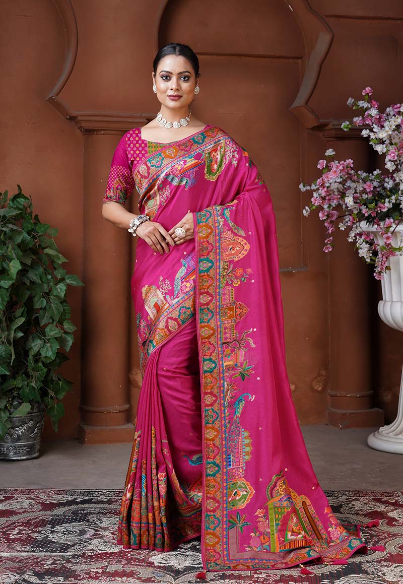 Monjolika Fashion Rani Pink Color Weaving Dola Silk Traditional Saree | Grocsy