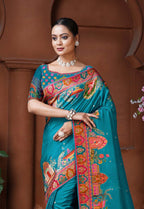 Monjolika Fashion Teal Blue Color Weaving Dola Silk Traditional Saree | Grocsy
