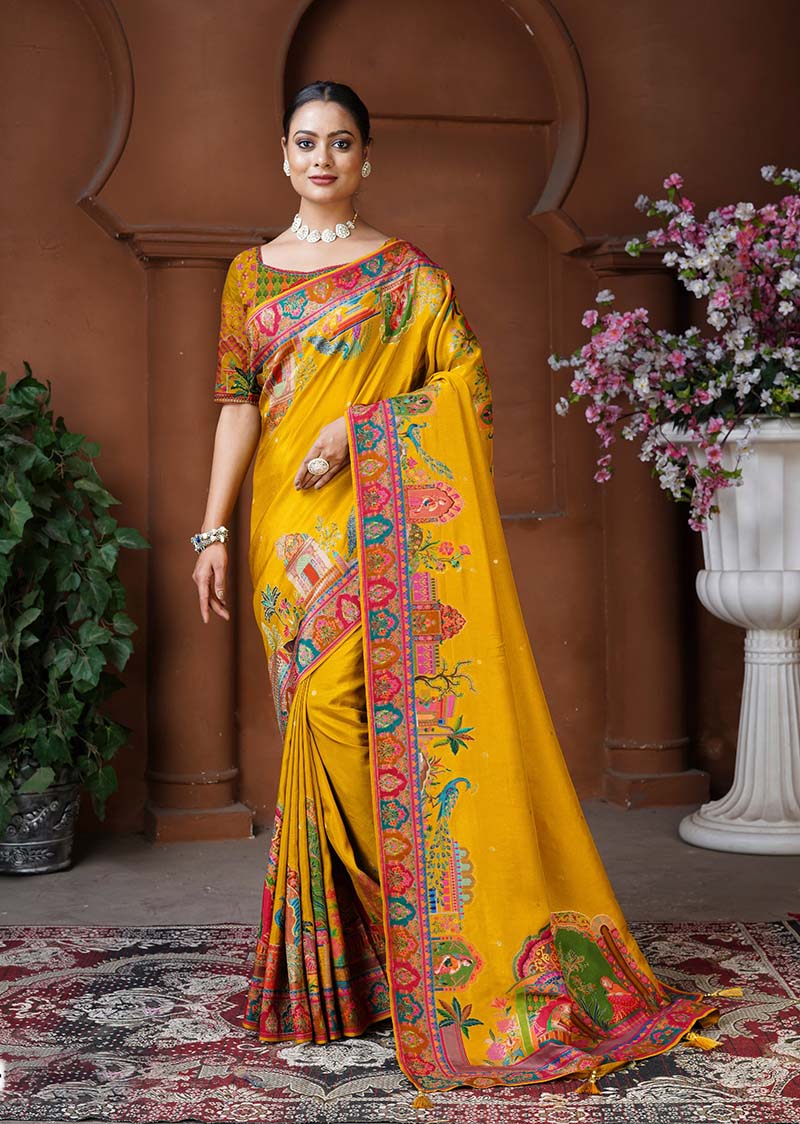 Monjolika Fashion Mustard Color Weaving Dola Silk Traditional Saree | Grocsy