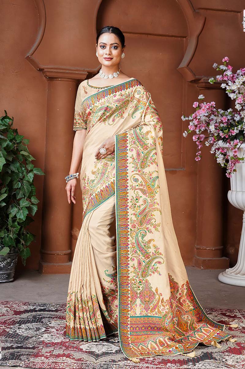 Monjolika Fashion Cream Color Weaving Dola Silk Traditional Saree | Grocsy