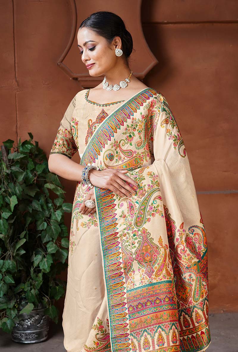 Monjolika Fashion Cream Color Weaving Dola Silk Traditional Saree | Grocsy