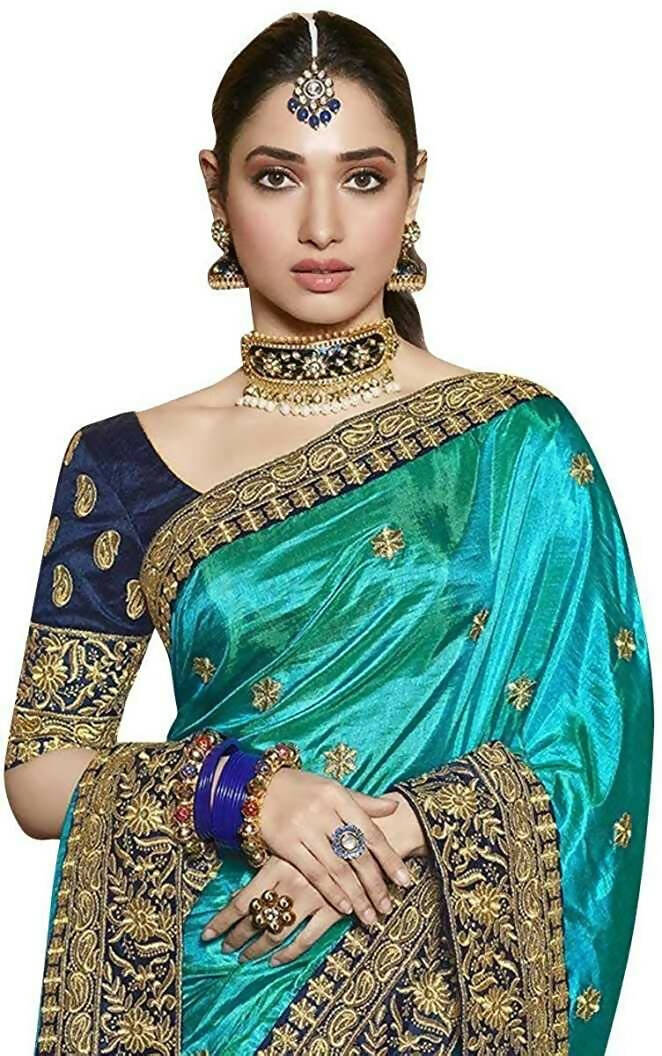 Vamika Rama Green Embroidery Sana Silk Saree | Grocsy