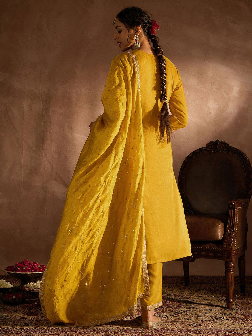 Indo Era Yellow Paisley Embroidered Regular Straight Kurta With Trousers & Dupatta | Grocsy