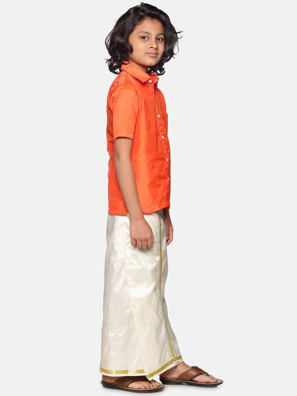 Sethukrishna Boys Orange & White Solid Shirt with Dhoti Set | Grocsy