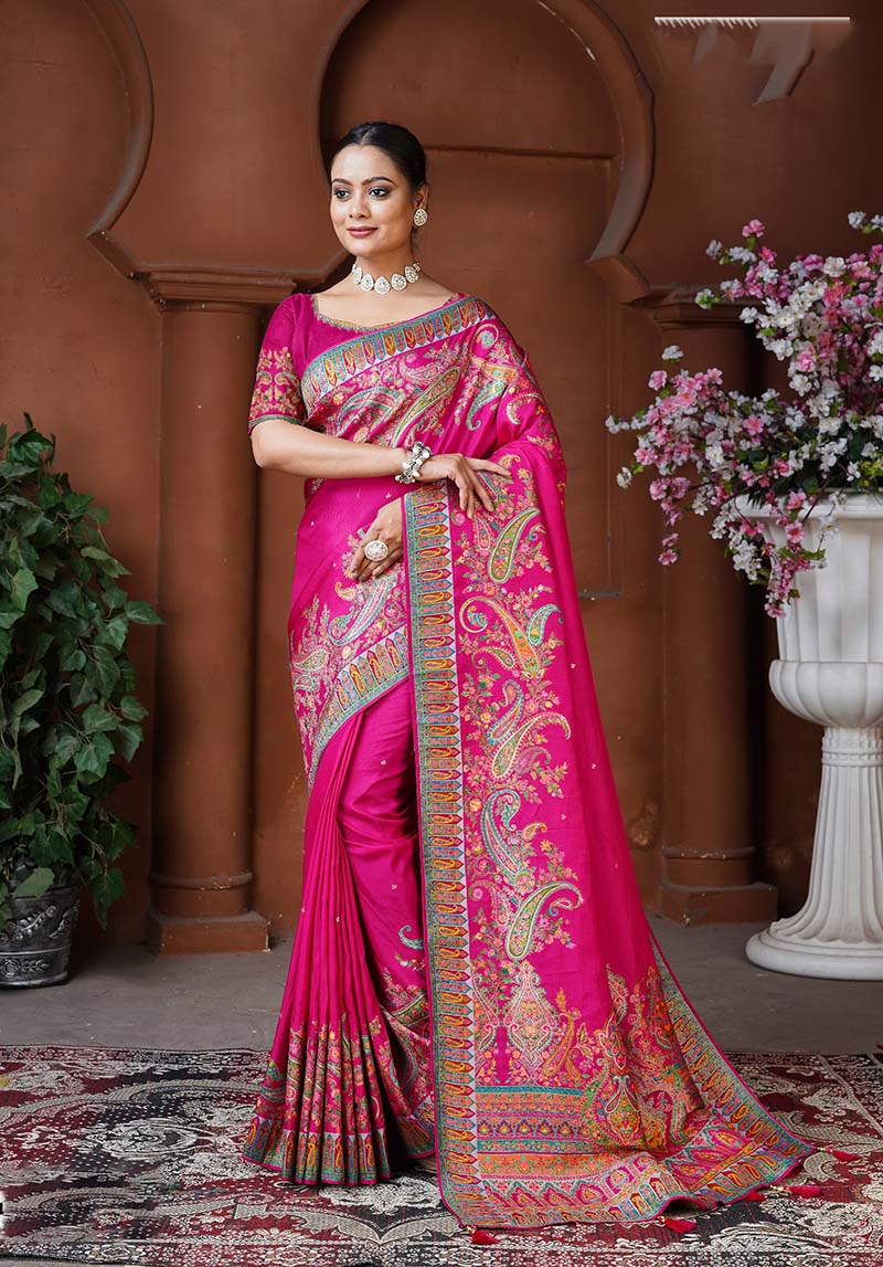 Monjolika Fashion Rani Pink Color Beautiful Weaving Dola Silk Traditional Saree | Grocsy