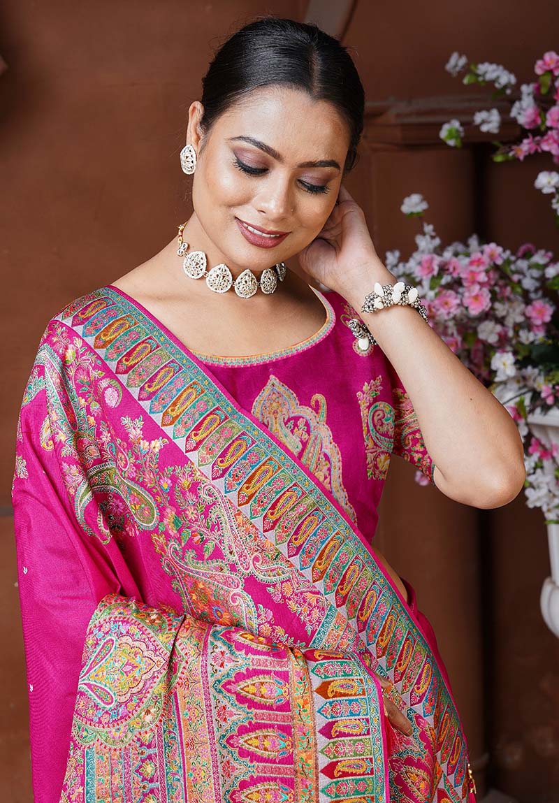 Monjolika Fashion Rani Pink Color Beautiful Weaving Dola Silk Traditional Saree | Grocsy