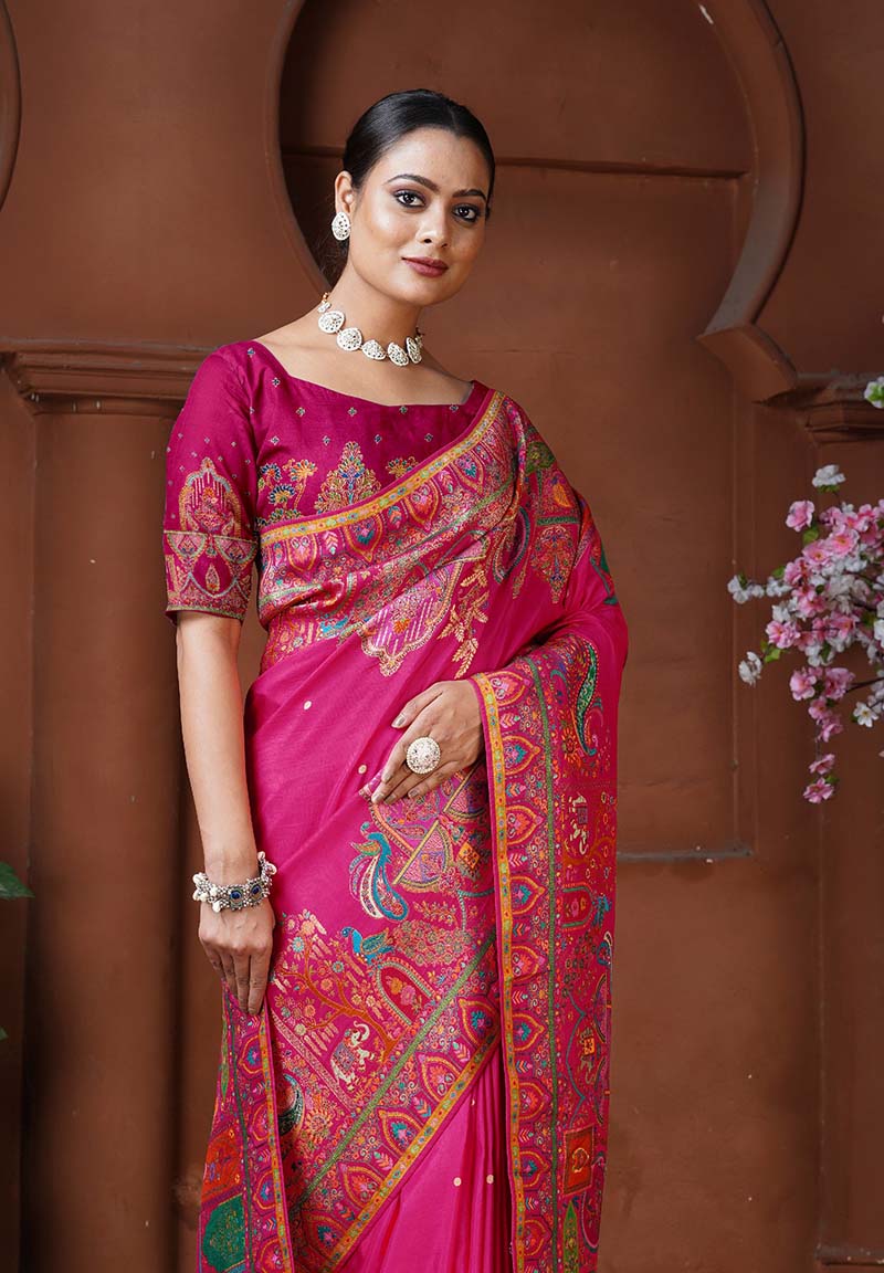 Monjolika Fashion Dola Silk Rani Pink Color Weaving Designer Saree | Grocsy