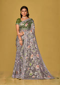 Monjolika Fashion Grey Color Organza Brasso With Beautiful Printed Saree | Grocsy