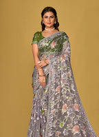 Monjolika Fashion Grey Color Organza Brasso With Beautiful Printed Saree | Grocsy