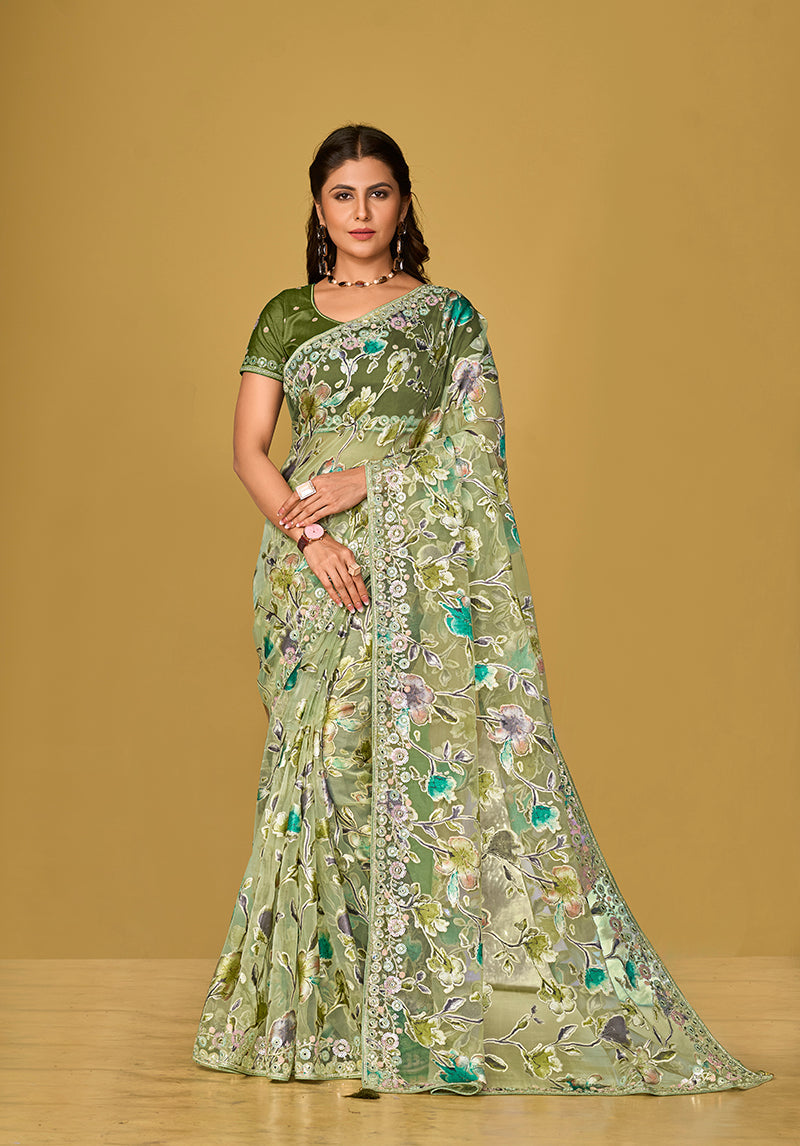 Monjolika Fashion Light Green Color Organza Brasso With Beautiful Printed Saree | Grocsy