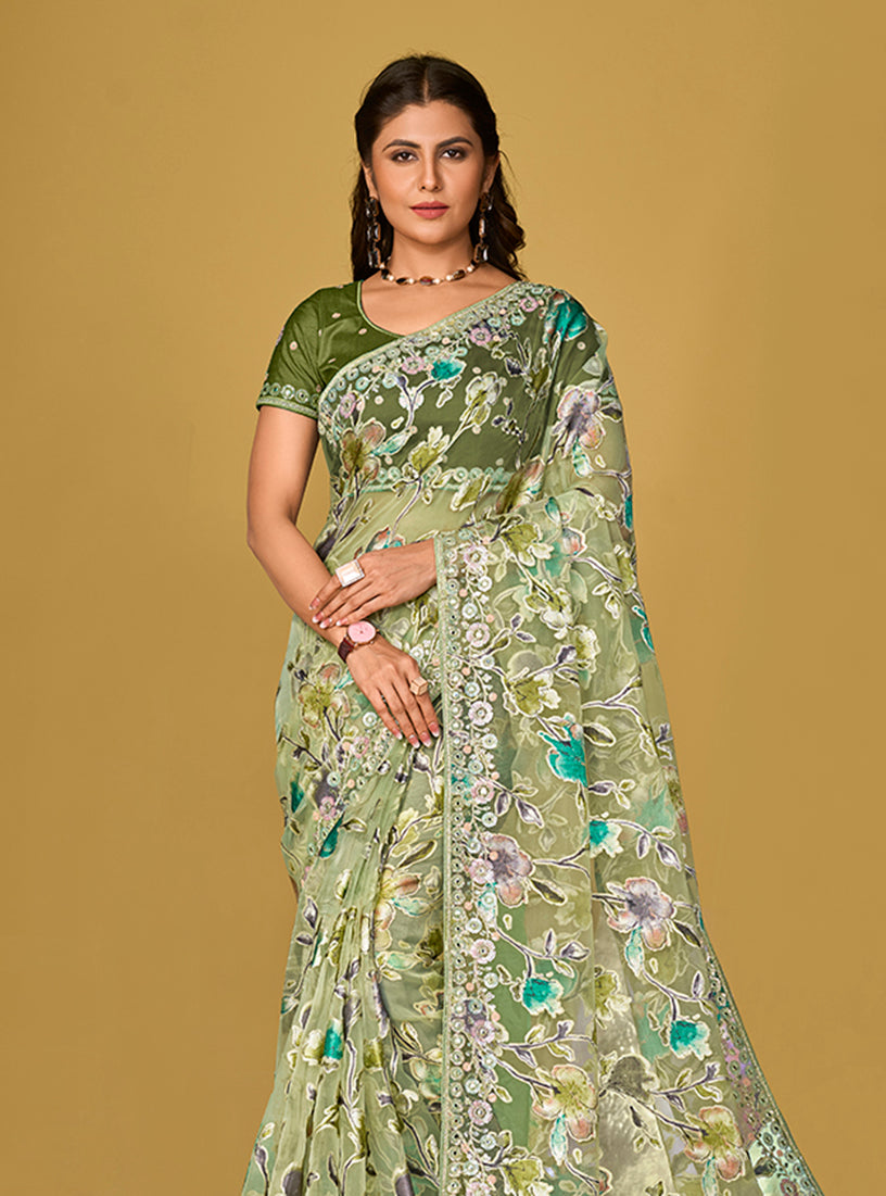 Monjolika Fashion Light Green Color Organza Brasso With Beautiful Printed Saree | Grocsy