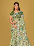 Monjolika Fashion Light Green Color Organza Brasso With Beautiful Printed Saree | Grocsy