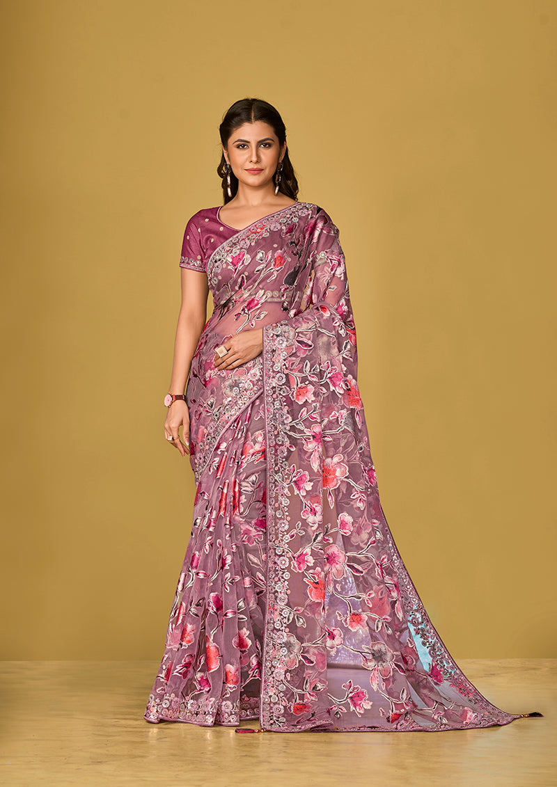 Monjolika Fashion Mauve Pink Color Organza Brasso With Beautiful Printed Saree | Grocsy