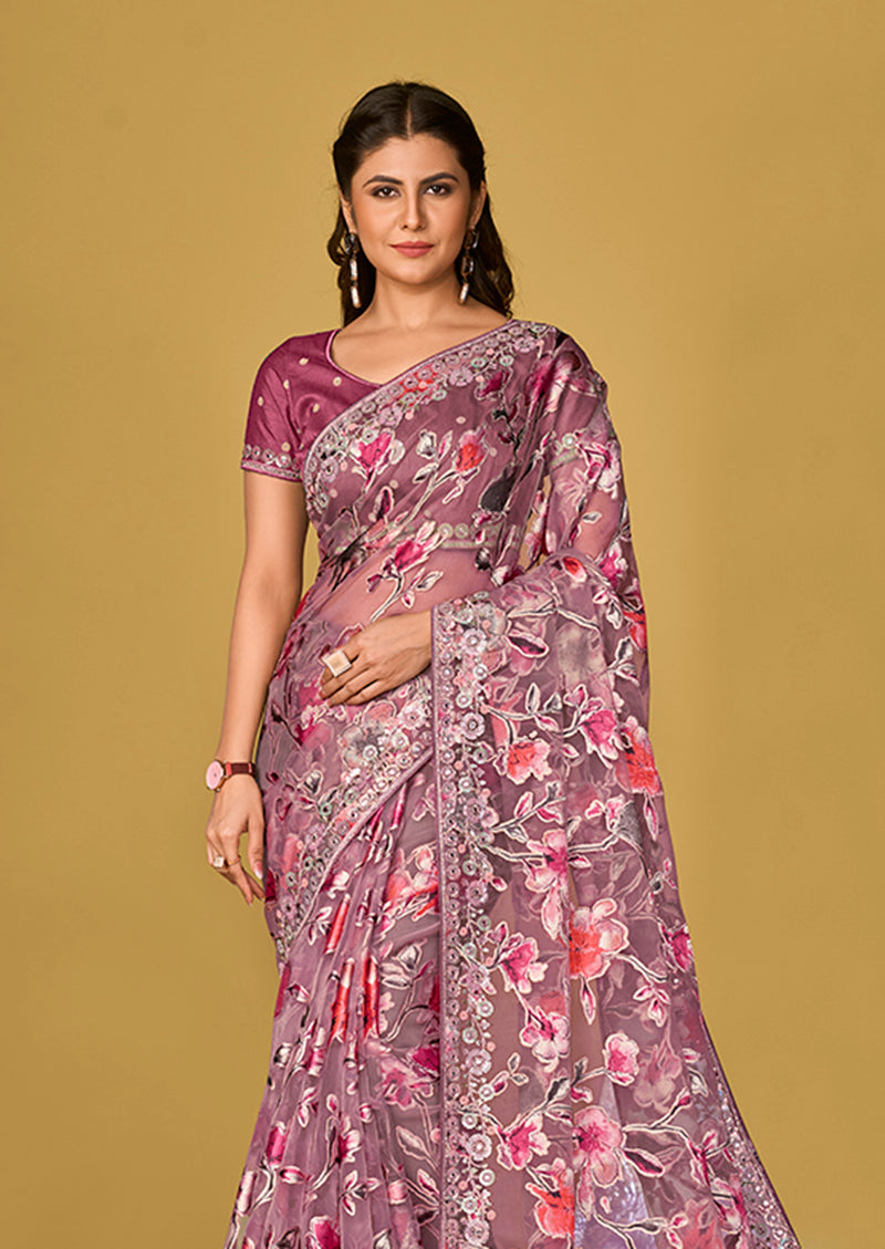 Monjolika Fashion Mauve Pink Color Organza Brasso With Beautiful Printed Saree | Grocsy