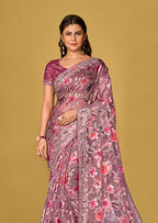 Monjolika Fashion Mauve Pink Color Organza Brasso With Beautiful Printed Saree | Grocsy