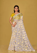 Monjolika Fashion Off White Color Organza Brasso With Beautiful Printed Saree | Grocsy