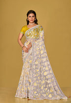 Monjolika Fashion Off White Color Organza Brasso With Beautiful Printed Saree | Grocsy