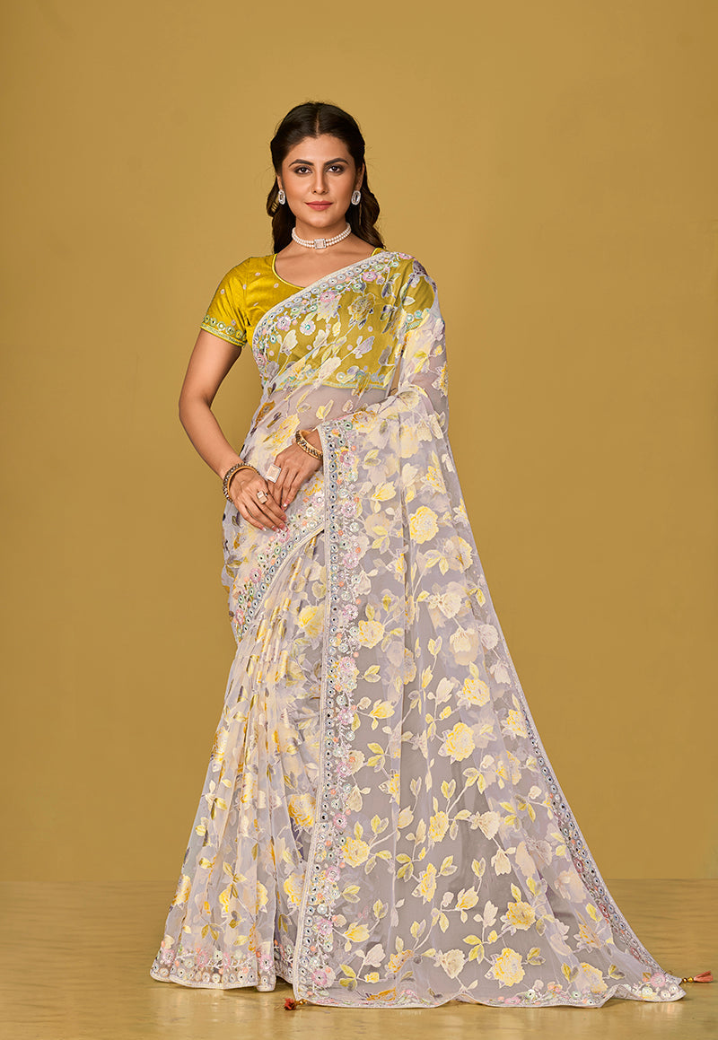 Monjolika Fashion Off White Color Organza Brasso With Beautiful Printed Saree | Grocsy