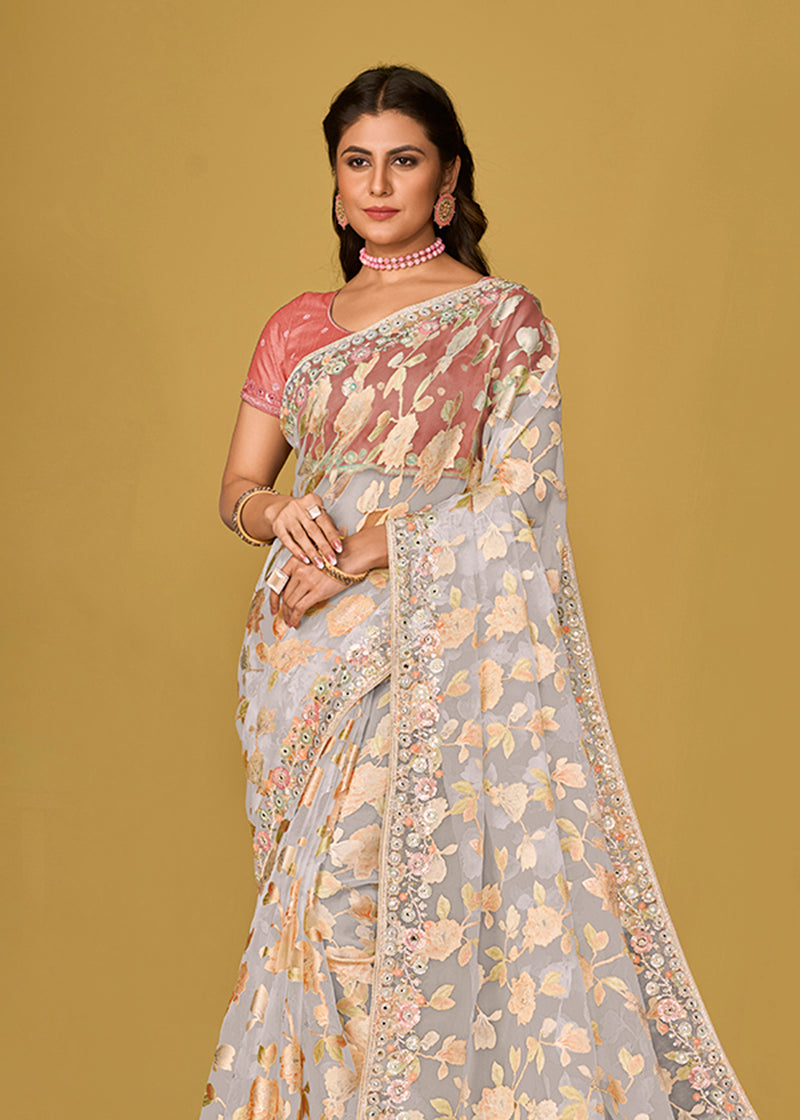 Monjolika Fashion Off White Color Organza Brasso With Beautiful Printed Saree | Grocsy
