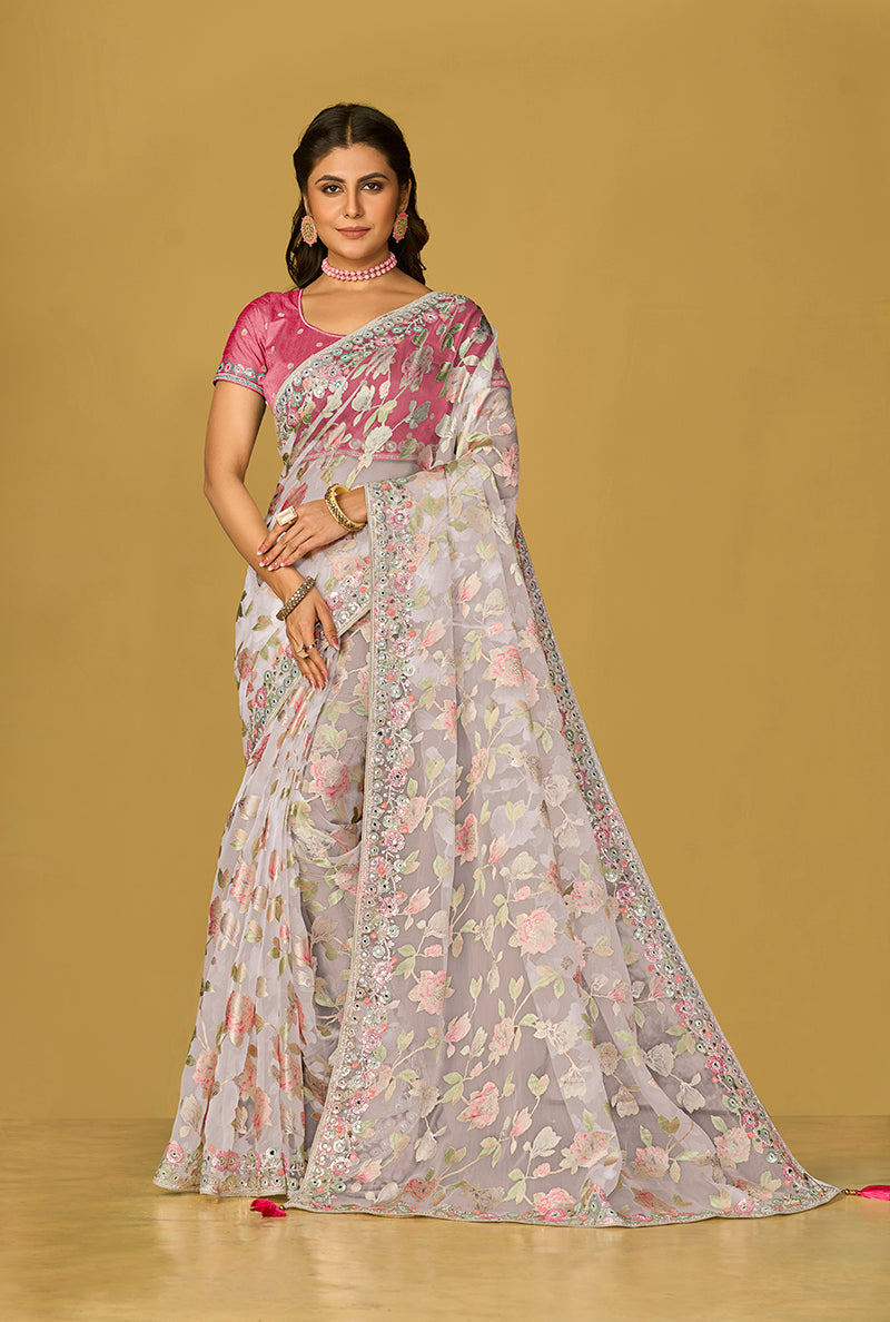 Monjolika Fashion Off White Color Organza Brasso With Beautiful Printed Saree | Grocsy