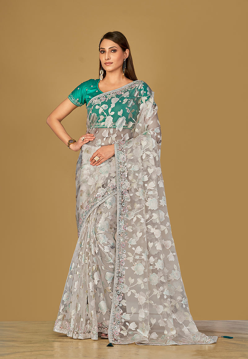 Monjolika Fashion Off White Color Organza Brasso With Beautiful Printed Saree | Grocsy