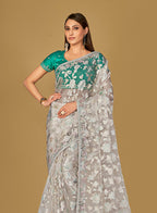 Monjolika Fashion Off White Color Organza Brasso With Beautiful Printed Saree | Grocsy